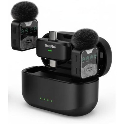 NeePho NP-60 Dual Wireless Collar Clip Microphone with Charging Case AI Noise Cancellation Plug & Play Apple & Type C